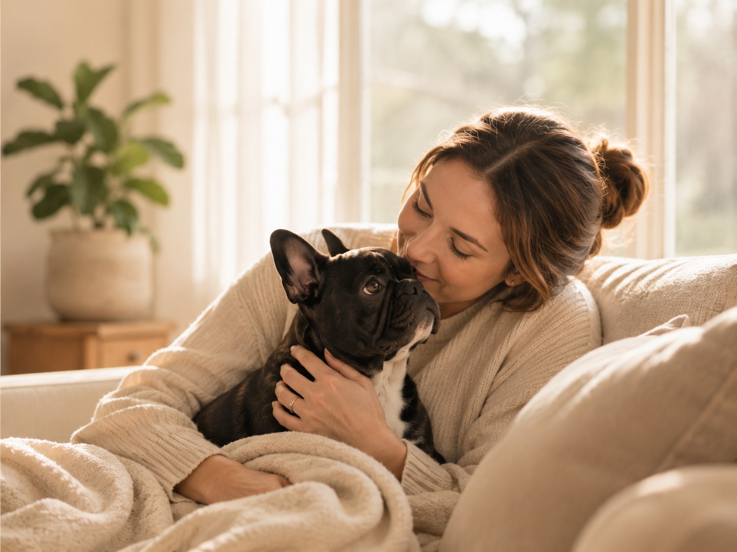French Bulldog being comforted at home