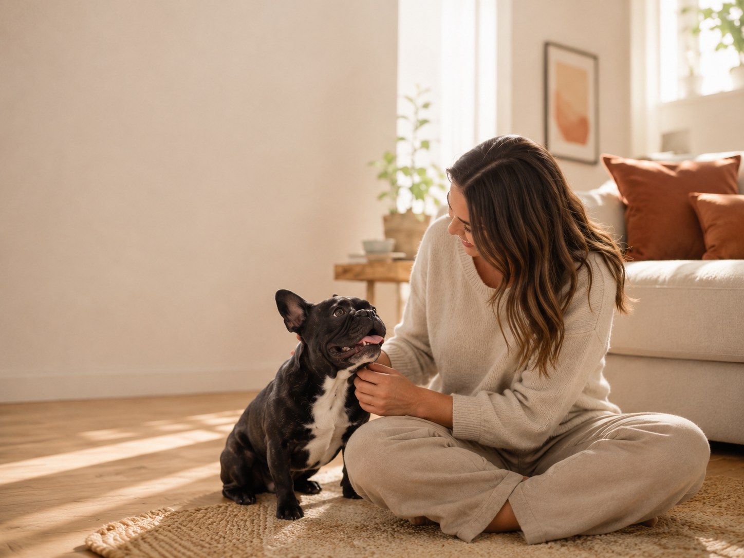 French Bulldog owner spending time at home